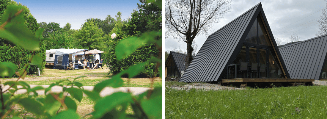 Ruime kampeerplaatsen en A huisje omringd door natuur